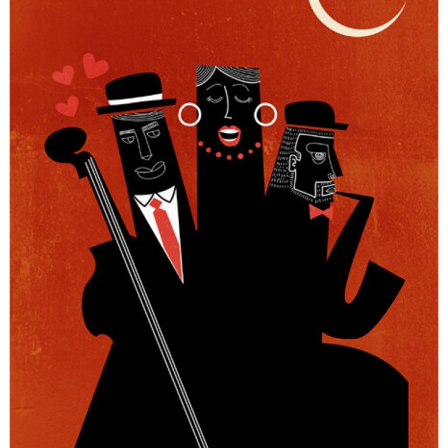 Tapet cu design modern in culori rosu si negru cu un trio de personaje care canta jazz