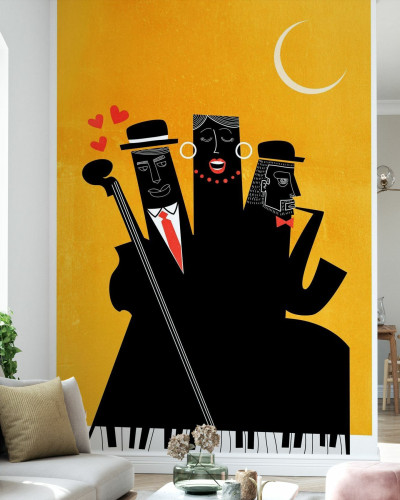 Tapet Casablanca Jazz Galben cu design artistic modern, reprezentând muzicieni de jazz.