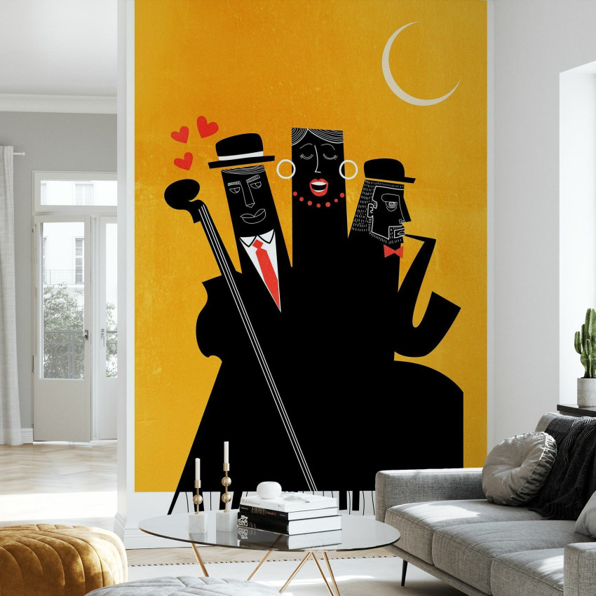 Tapet cu design modern in culori rosu si negru cu un trio de personaje care canta jazz