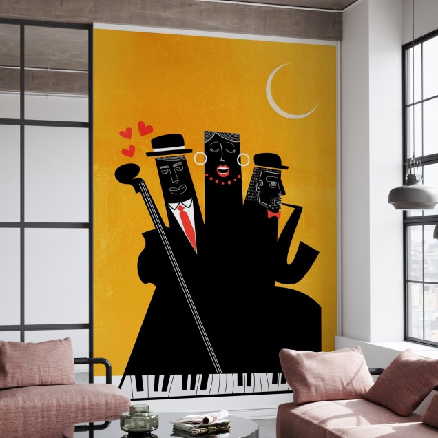 Tapet Casablanca Jazz Galben cu design artistic modern, reprezentând muzicieni de jazz.