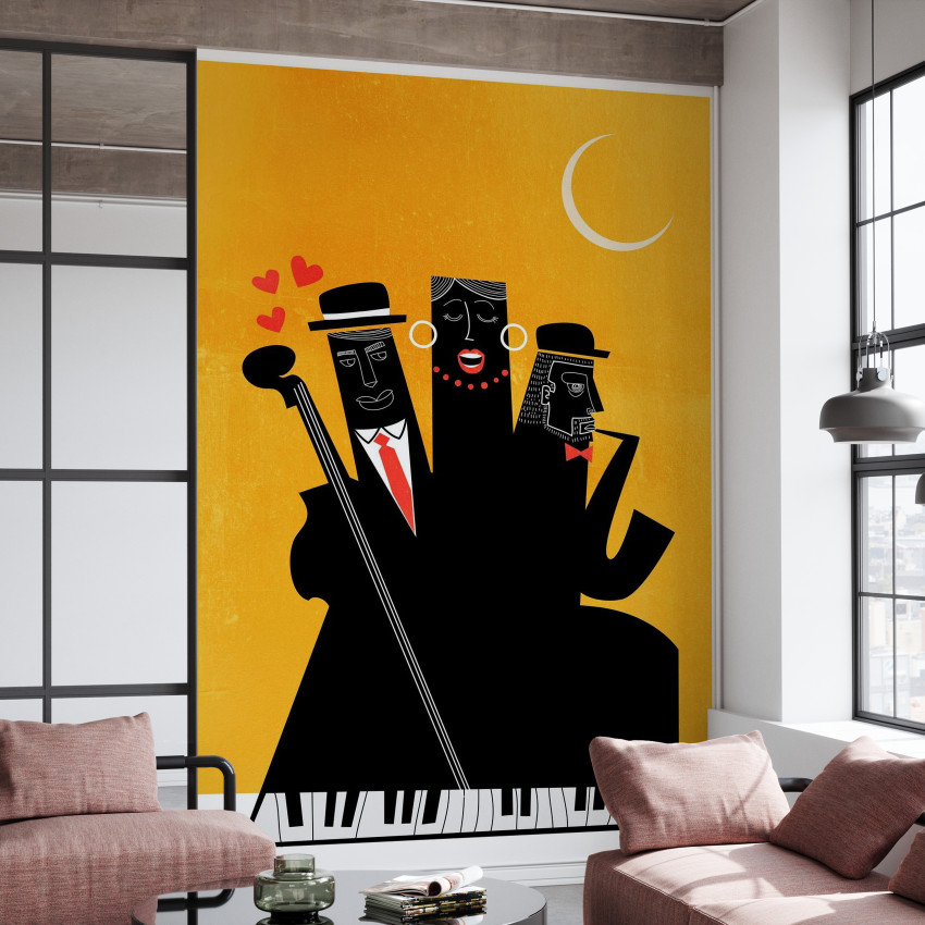 Tapet cu design modern in culori rosu si negru cu un trio de personaje care canta jazz