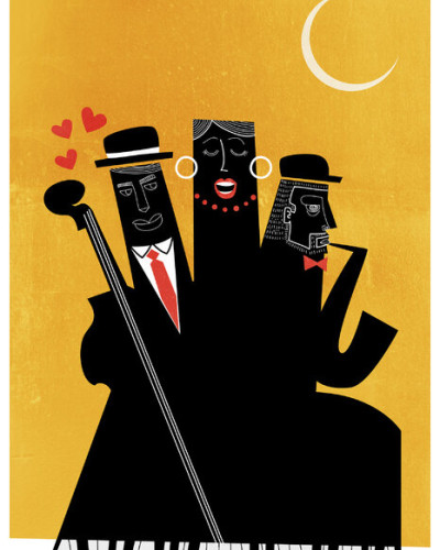 Tapet Casablanca Jazz Galben cu design artistic modern, reprezentând muzicieni de jazz.