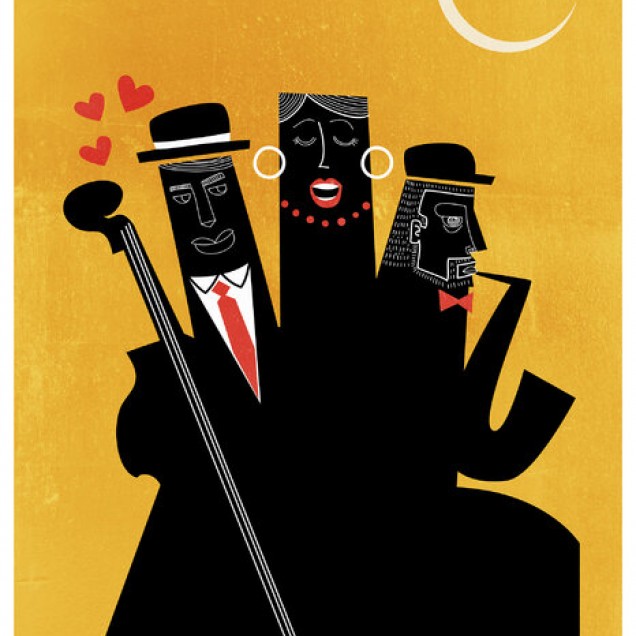 Tapet Casablanca Jazz Galben cu design artistic modern, reprezentând muzicieni de jazz.