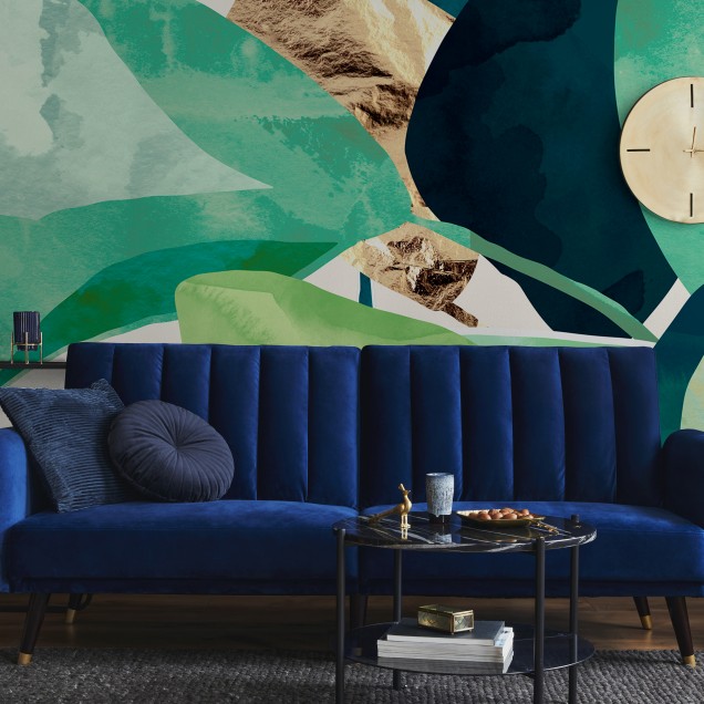 Indigo Plant, tapet cu frunze verzi și albastre, perfect pentru decorarea casei.