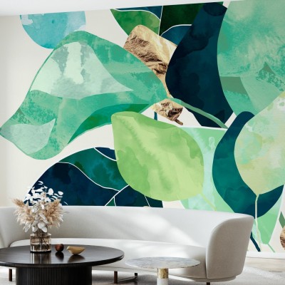 Indigo Plant, tapet cu frunze verzi și albastre, perfect pentru decorarea casei.