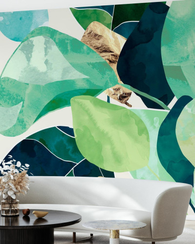 Indigo Plant, tapet cu frunze verzi și albastre, perfect pentru decorarea casei.
