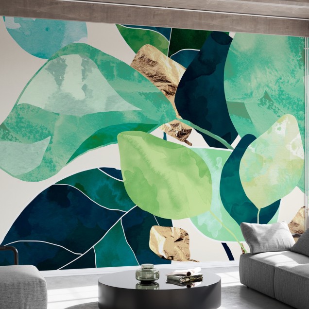Indigo Plant, tapet cu frunze verzi și albastre, perfect pentru decorarea casei.