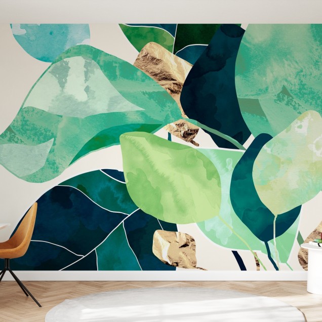 Indigo Plant, tapet cu frunze verzi și albastre, perfect pentru decorarea casei.