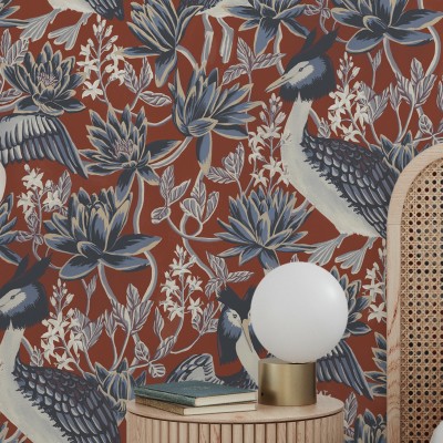 Tapet floral cu păsări exotice Lake Luxe, Bordeaux