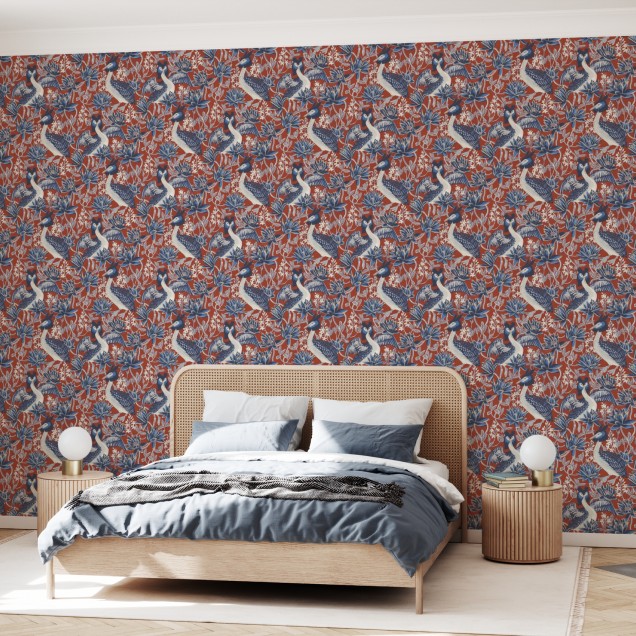 Tapet floral cu păsări exotice Lake Luxe, Bordeaux