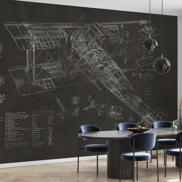 Tapet cu design vintage al avionului Avro 504K. Tapetul ilustrează schematic o vedere din față a aeronavei, cu detalii meticuloase ale componentelor sale.