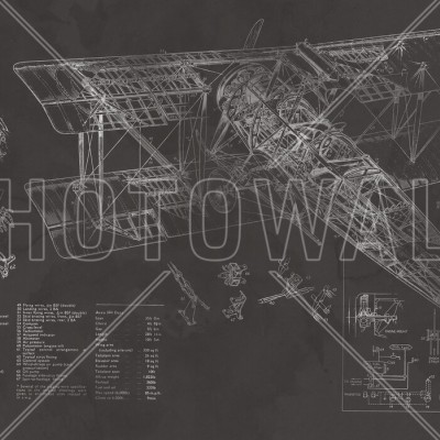 Tapet cu design vintage al avionului Avro 504K. Tapetul ilustrează schematic o vedere din față a aeronavei, cu detalii meticuloase ale componentelor sale.