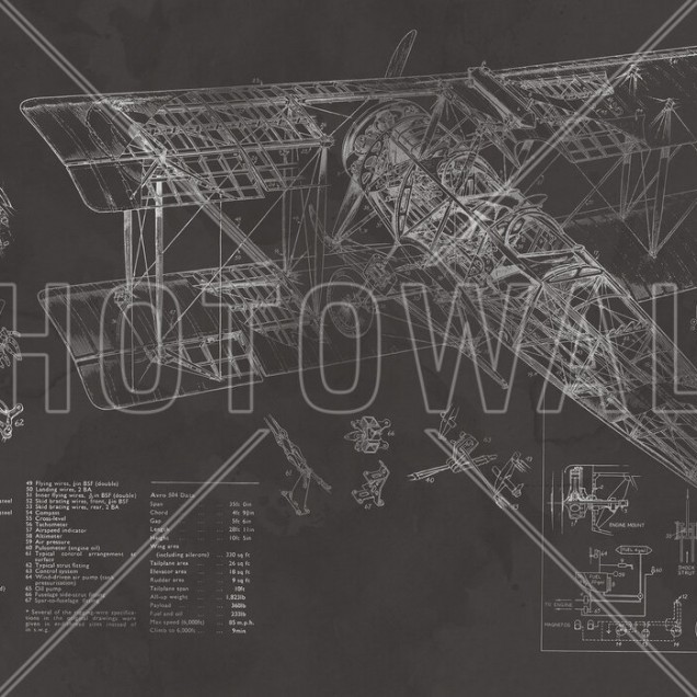 Tapet cu design vintage al avionului Avro 504K. Tapetul ilustrează schematic o vedere din față a aeronavei, cu detalii meticuloase ale componentelor sale.