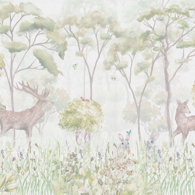 Tapet cu design forestier delicat, cu imagini cu cerbi, iepurași și copaci, culori pastelate, perfect pentru decorarea camerei copiilor.