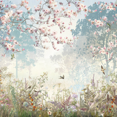 Fototapet cu design de grădină florală și păsări