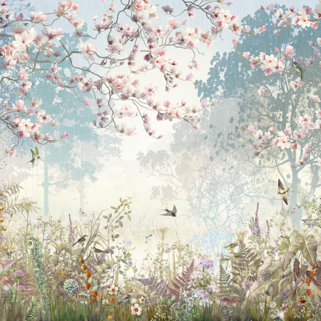 Fototapet cu design de grădină florală și păsări