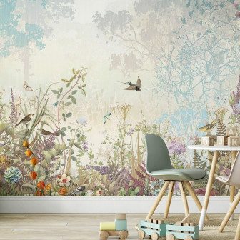 Fototapet cu design de grădină florală și păsări