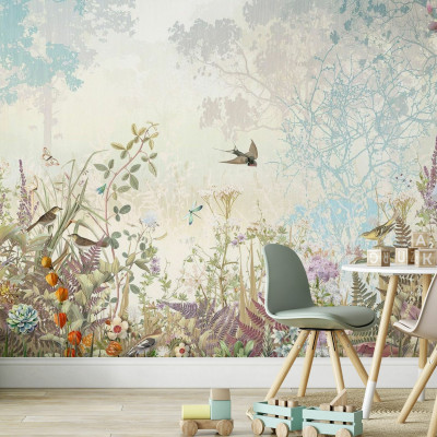Fototapet cu design de grădină florală și păsări