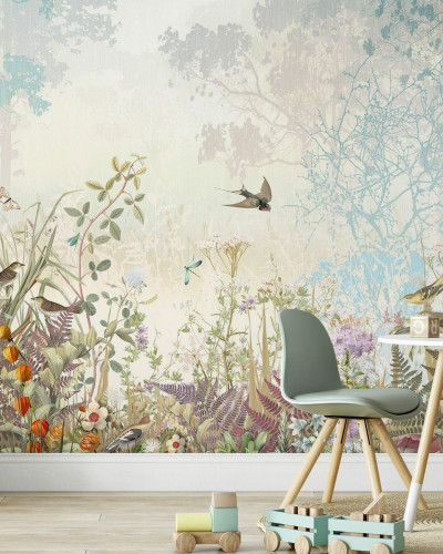Fototapet cu design de grădină florală și păsări