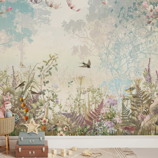 Fototapet cu design de grădină florală și păsări