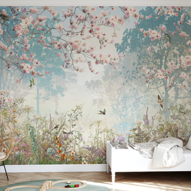 Fototapet cu design de grădină florală și păsări