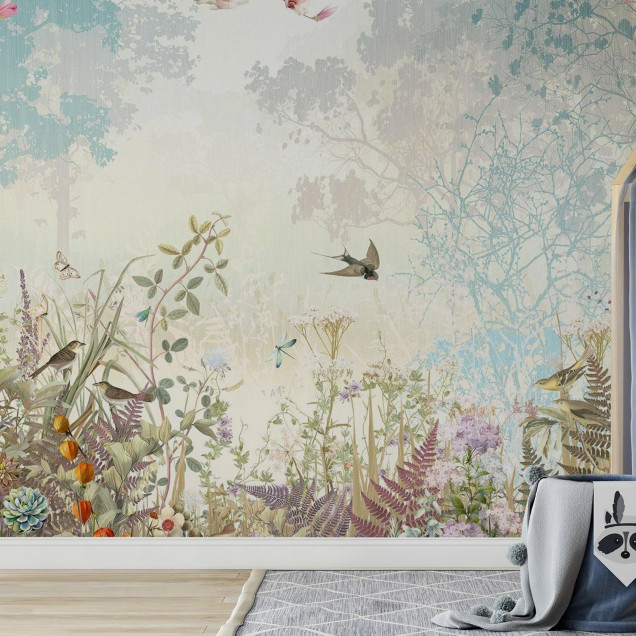 Fototapet cu design de grădină florală și păsări