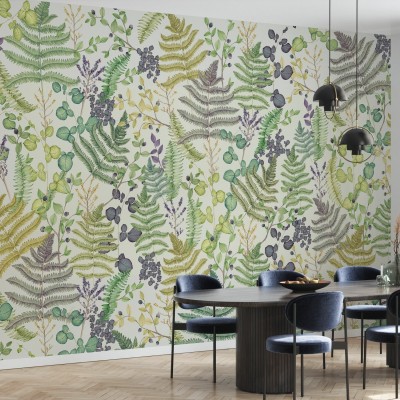 Tapet cu frunze botanice, vibrant și plin de viață, perfect pentru a crea o atmosferă relaxantă și primitoare.