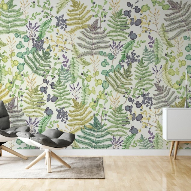 Tapet cu frunze botanice, vibrant și plin de viață, perfect pentru a crea o atmosferă relaxantă și primitoare.