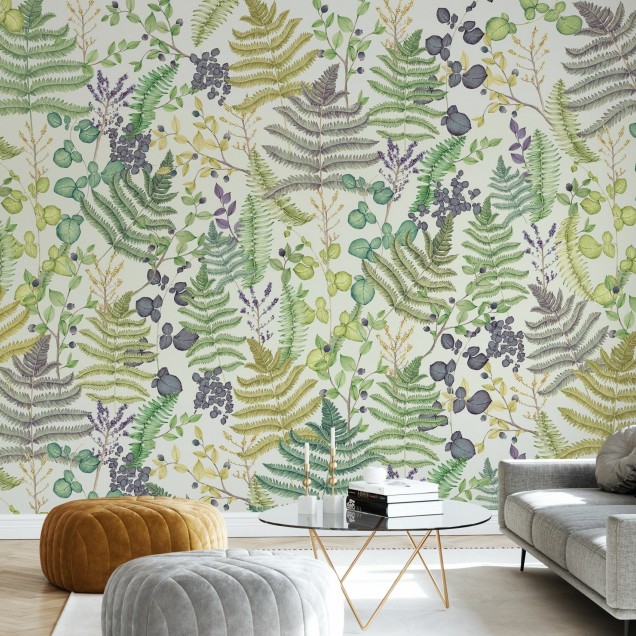 Tapet cu frunze botanice, vibrant și plin de viață, perfect pentru a crea o atmosferă relaxantă și primitoare.