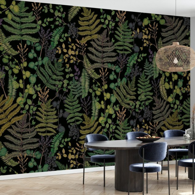Tapet Botany Leafage, Dark cu motive de frunze luxuriante, perfect pentru dormitor, living sau hol