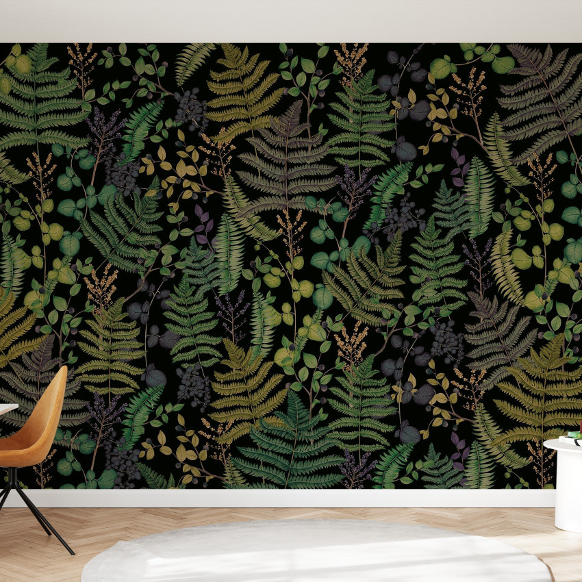 Tapet cu frunze botanice, vibrant și plin de viață, perfect pentru a crea o atmosferă relaxantă și primitoare.