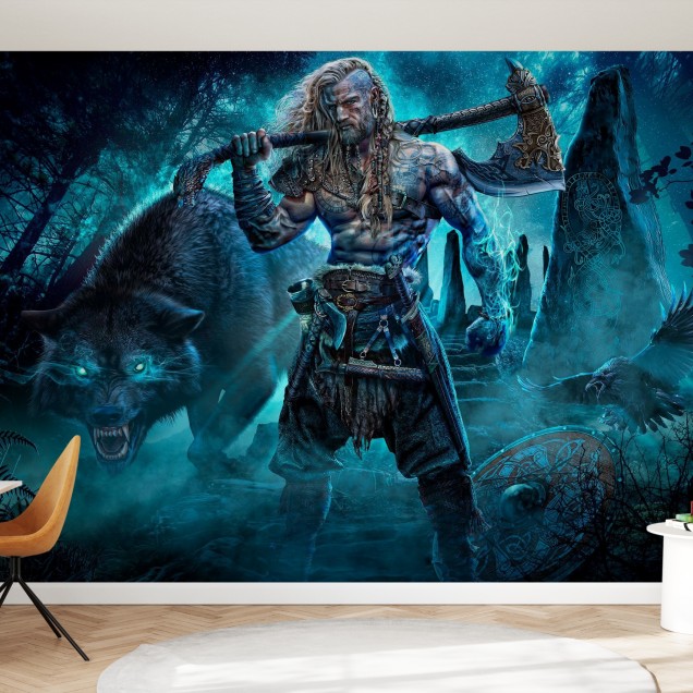 Tapet Viking și Lup - Războinic Viking, lupi și corbi pe fundalul unui peisaj nocturn