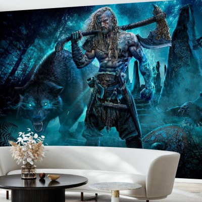 Tapet Viking și Lup - Războinic Viking, lupi și corbi pe fundalul unui peisaj nocturn
