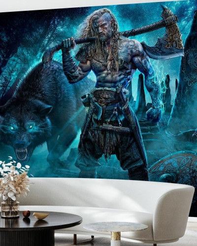 Tapet Viking și Lup - Războinic Viking, lupi și corbi pe fundalul unui peisaj nocturn
