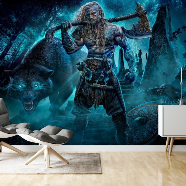 Tapet Viking și Lup - Războinic Viking, lupi și corbi pe fundalul unui peisaj nocturn