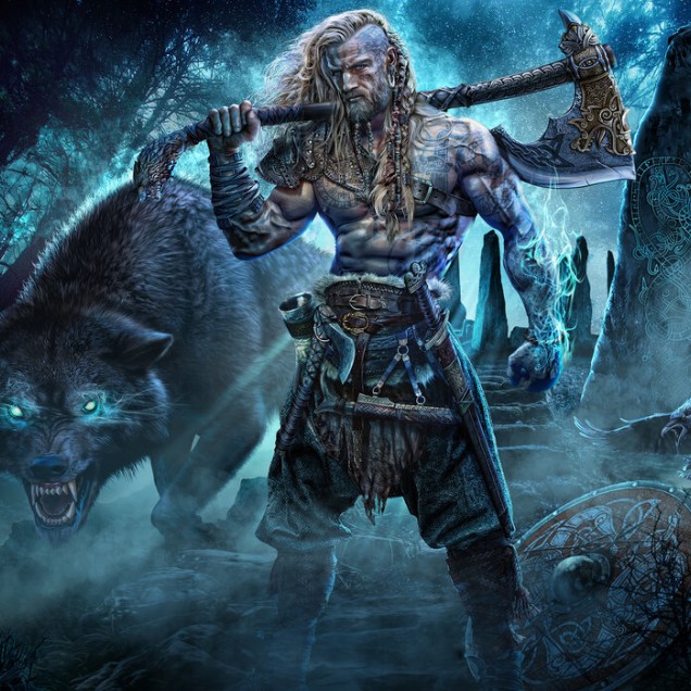 Tapet Viking și Lup - Războinic Viking, lupi și corbi pe fundalul unui peisaj nocturn