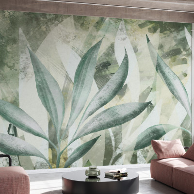 Fototapet cu design abstract de frunze verzi într-un living modern