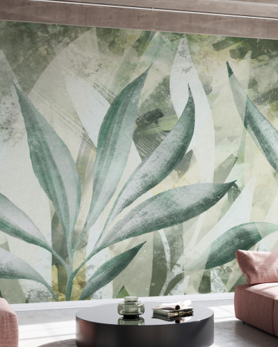 Fototapet cu design abstract de frunze verzi într-un living modern