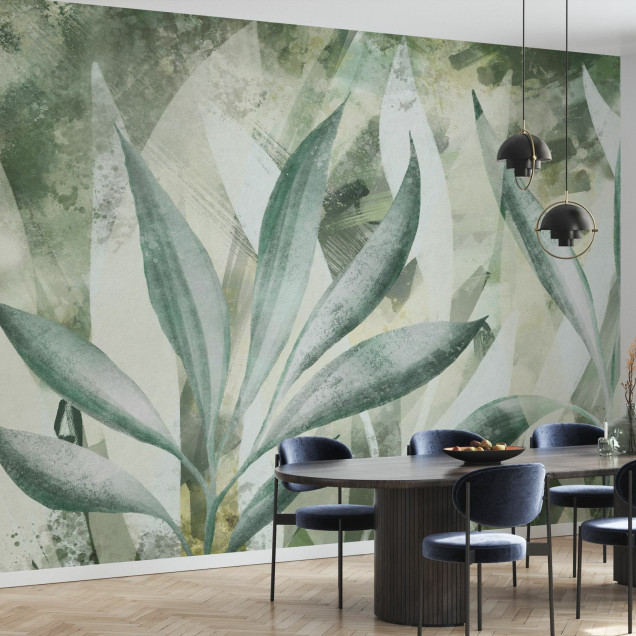 Fototapet cu design abstract de frunze verzi într-un living modern