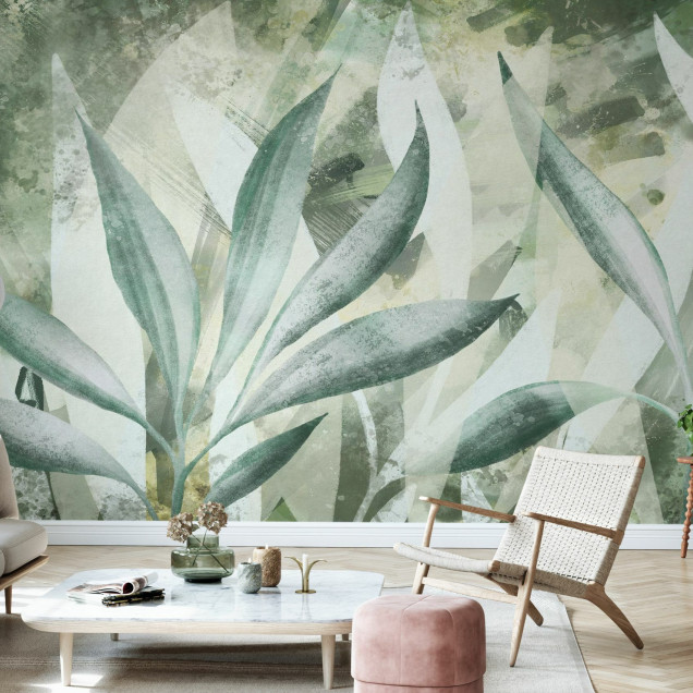 Fototapet cu design abstract de frunze verzi într-un living modern