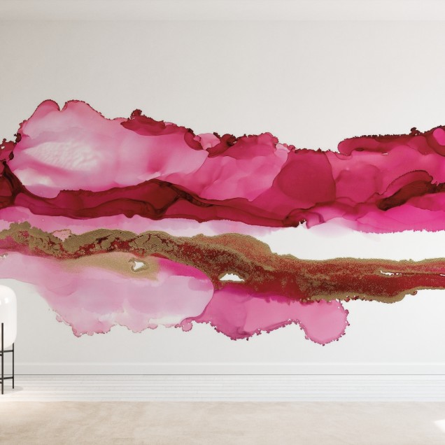 Wallpaper Coastal Ink II cu un model abstract în nuanțe vibrante de roz și aur