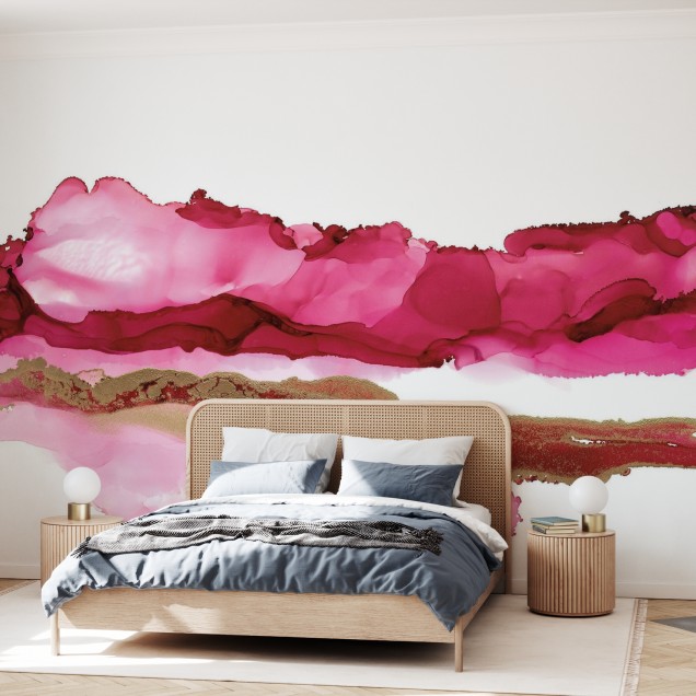Wallpaper Coastal Ink II cu un model abstract în nuanțe vibrante de roz și aur