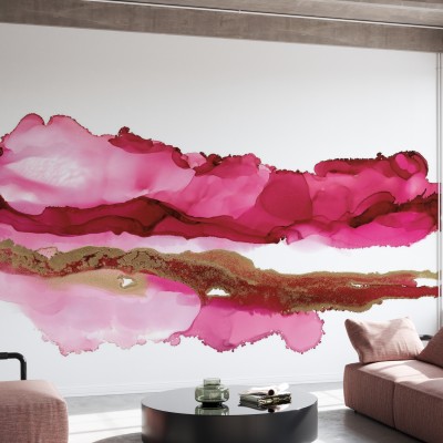 Wallpaper Coastal Ink II cu un model abstract în nuanțe vibrante de roz și aur