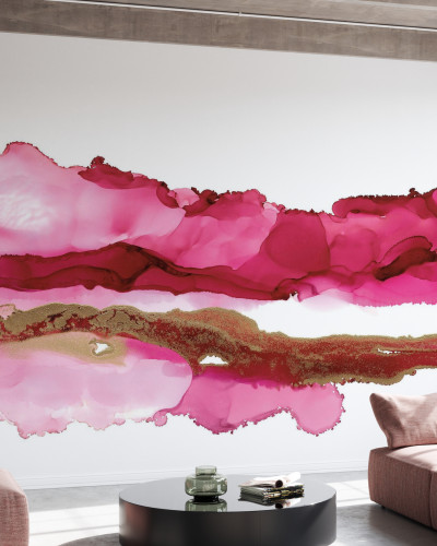 Wallpaper Coastal Ink II cu un model abstract în nuanțe vibrante de roz și aur