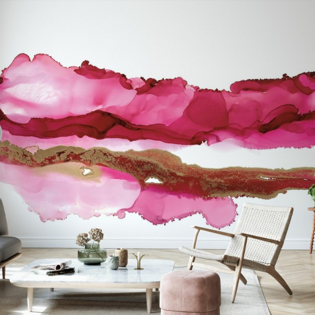 Wallpaper Coastal Ink II cu un model abstract în nuanțe vibrante de roz și aur