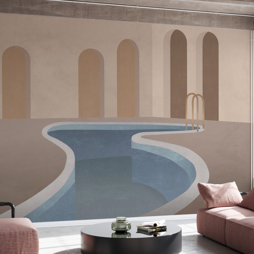 Tapet cu design abstract, în tonuri de bej, cu forme geometrice și un design modern