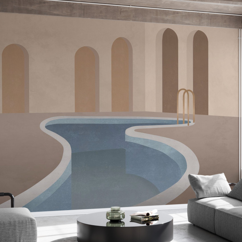 Tapet cu design abstract, în tonuri de bej, cu forme geometrice și un design modern