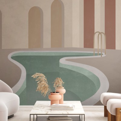 Tapet cu design modern și minimalist, cu o piscină relaxantă în fundal.