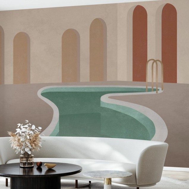 Tapet cu design modern și minimalist, cu o piscină relaxantă în fundal.