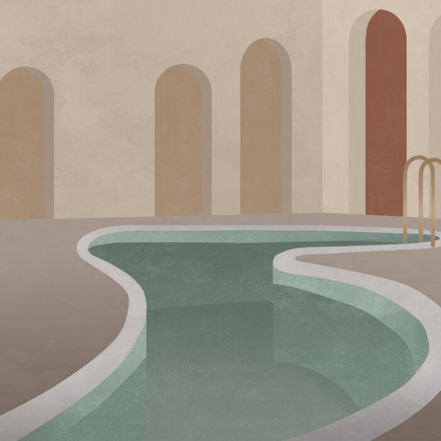 Tapet cu design modern și minimalist, cu o piscină relaxantă în fundal.
